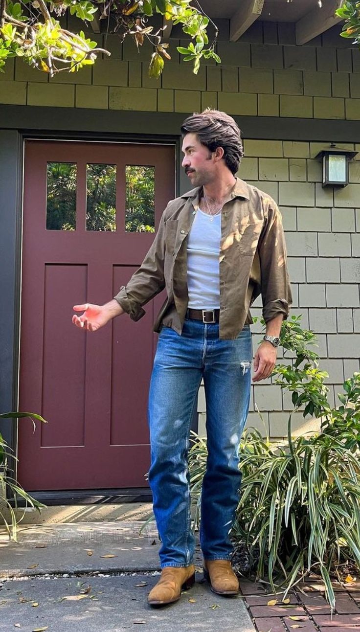 White Tank with Blue Jeans and Light Brown cowboy Boots 